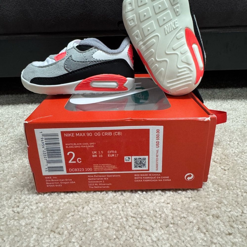 Nike Max 90 OG Crib Kids Shoes - Gray and Red